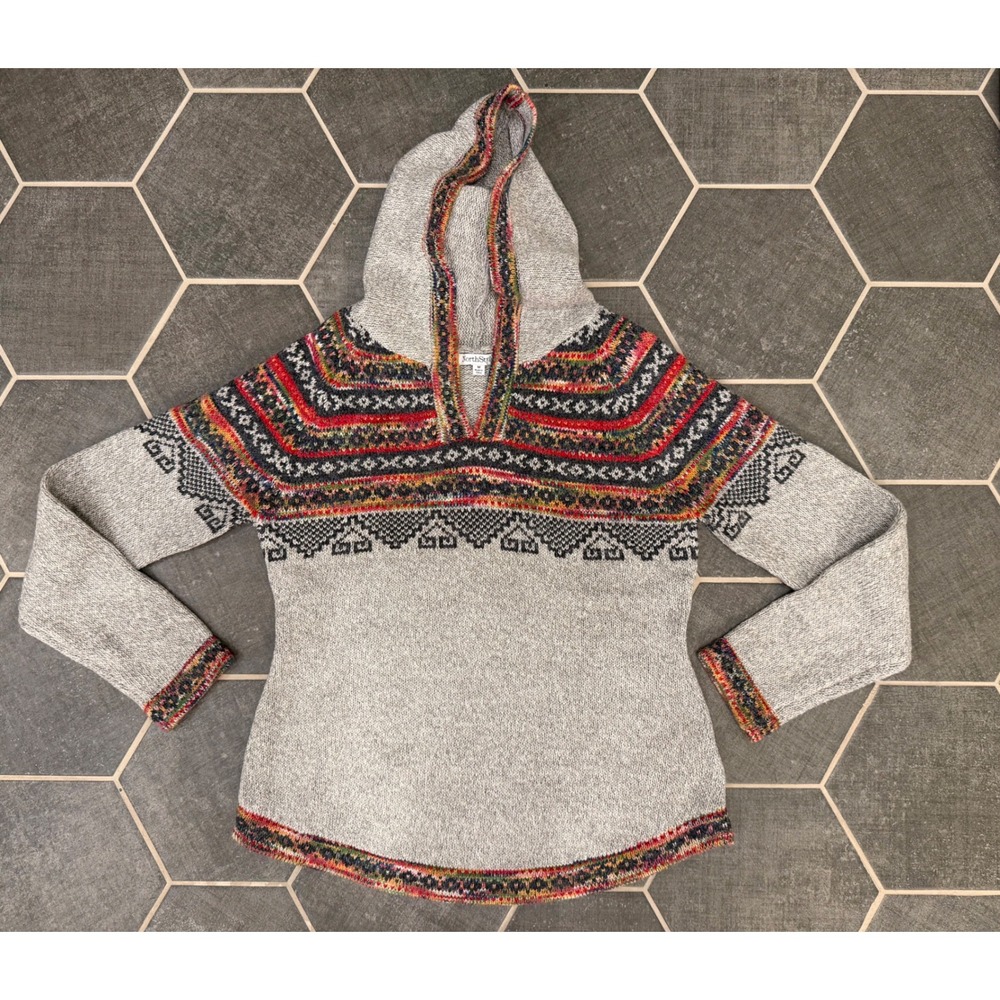 NorthStyle Womens Fair Isle‎ Knit Hoodie Sweater Gray Multi Color Size M